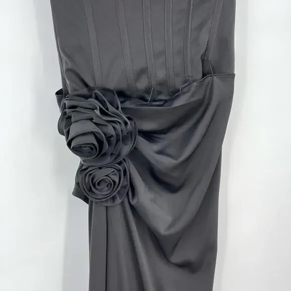 NBDNWT Jake Gown in Black Satin Strapless Corset Maxi Dress Rosette XS